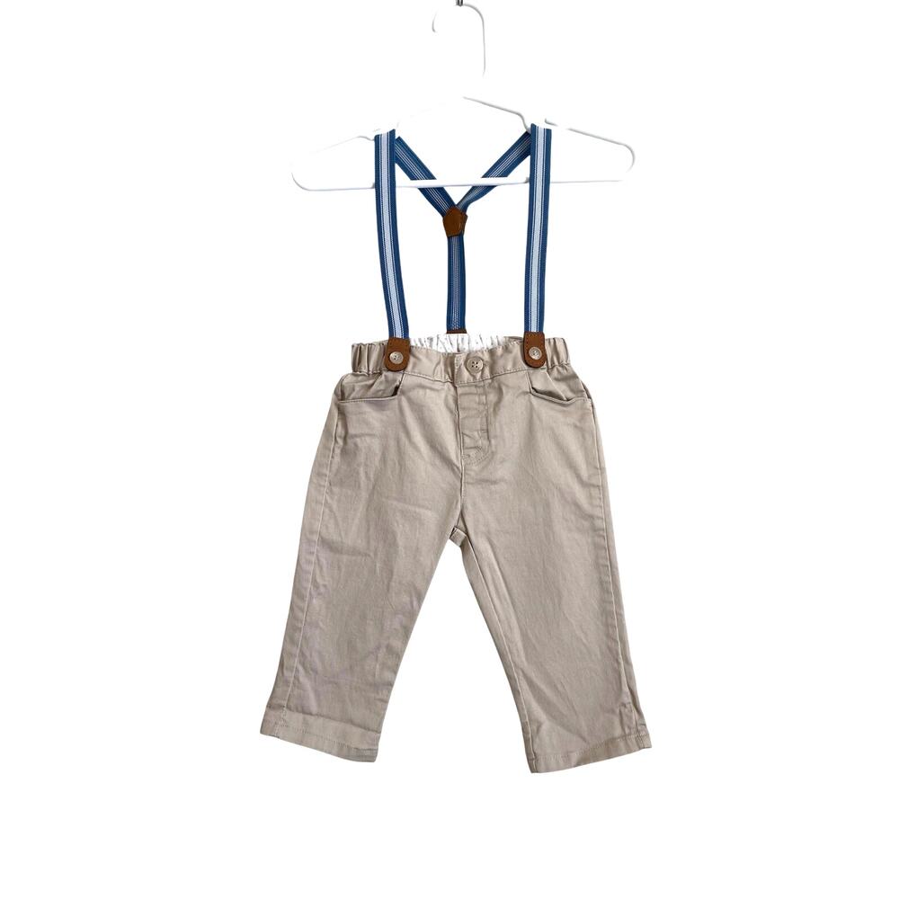 Mayoral chino pants with detachable suspenders tan elastic waist preppy 4-6 mo.